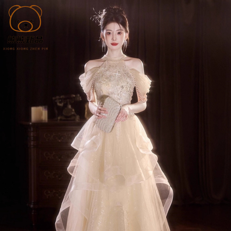 气质轻奢生日宴会白色长款香槟色新娘晚礼服夏季高级感醋酸面料yd