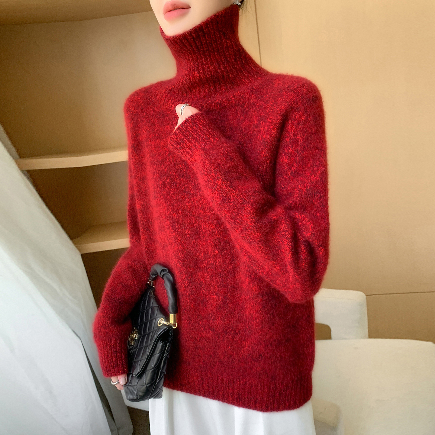 花纱宽松~软糯羊毛衫高领厚休闲毛衣保暖复古女秋冬新针织上衣