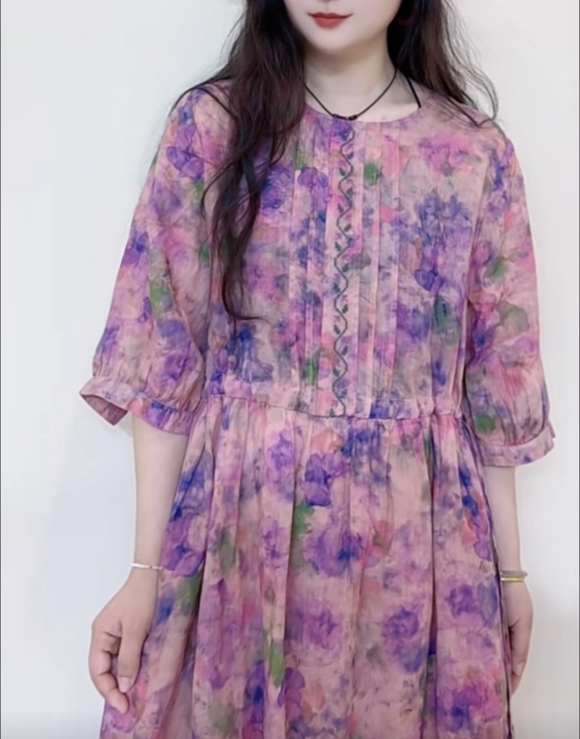 【漫漫花影】西缺新款夏季苎麻圆领洋气宽松女装连衣裙印花气质温柔