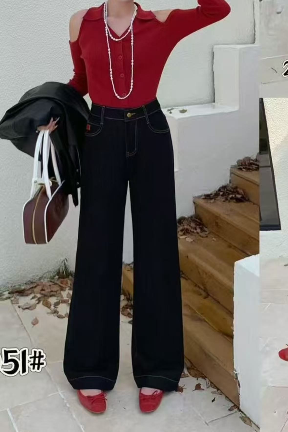 2051秋冬时尚直筒牛仔裤中高腰高弹力阔腿裤长度1米