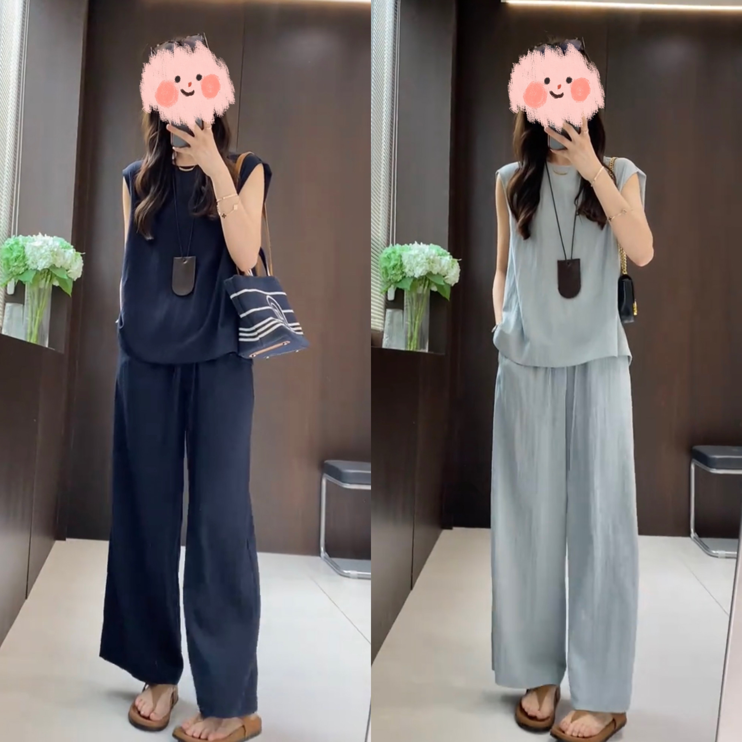 夏季洋气时尚显瘦套装女无袖上衣+休闲裤气质两件套