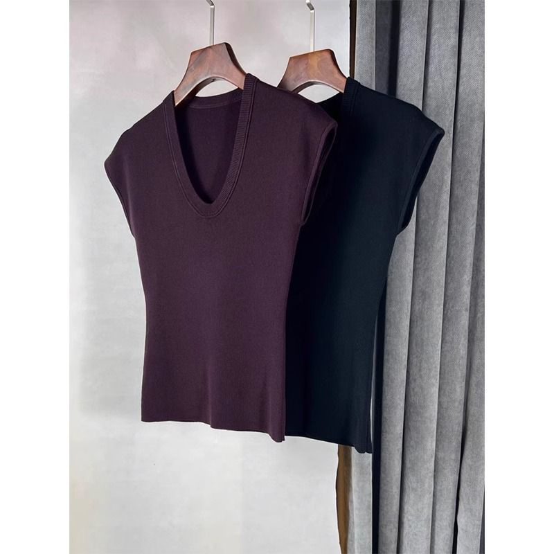 紫色U领冰丝针织正肩短袖t恤女夏季高级感修身显瘦小飞袖低领上衣