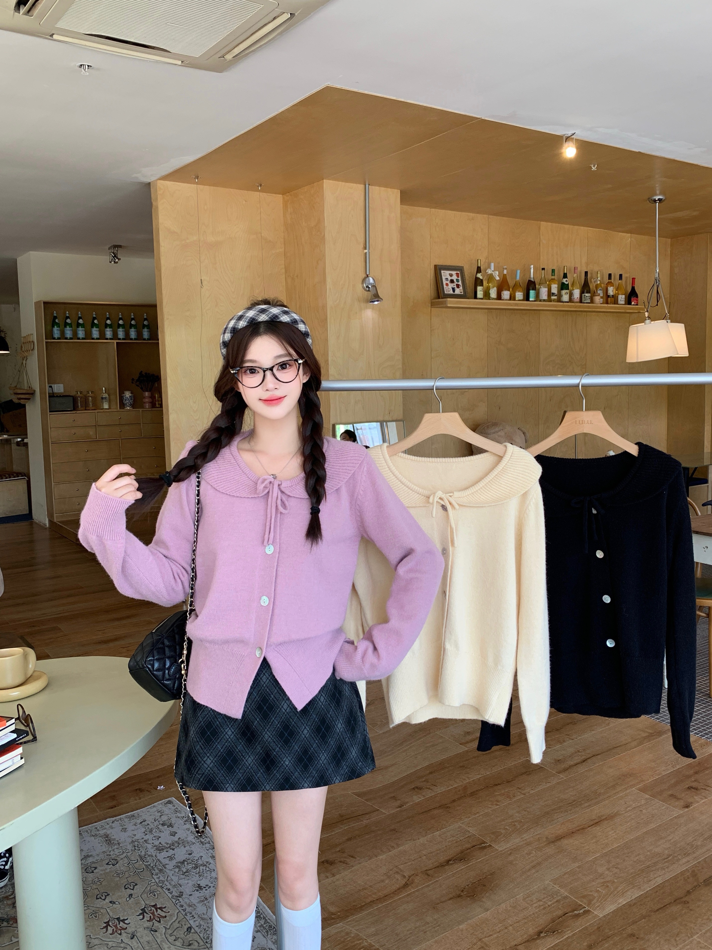 清2025秋冬胖mm大码洋气减龄娃娃领系带毛衣设计感百搭针织68697