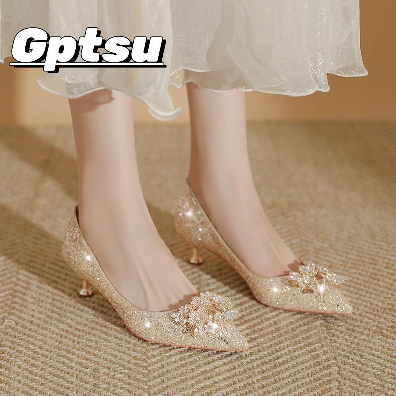 GPTSu婚鞋秀禾婚纱两穿水晶新娘鞋香槟色高跟鞋不累脚水钻新款女
