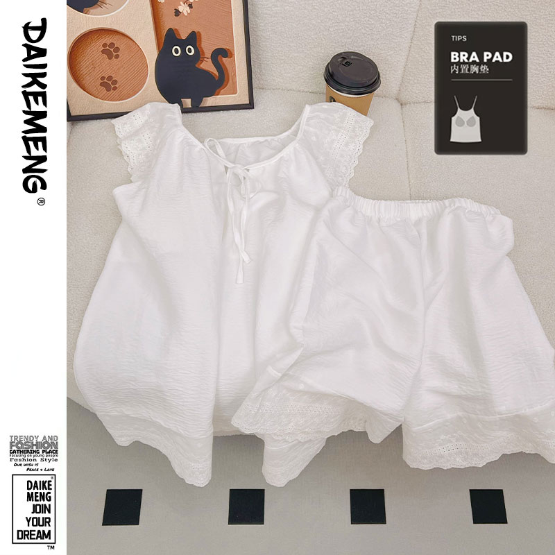 法式高级感柔软云朵棉夏季薄款甜美蕾丝带胸垫背心短裤家居服套装