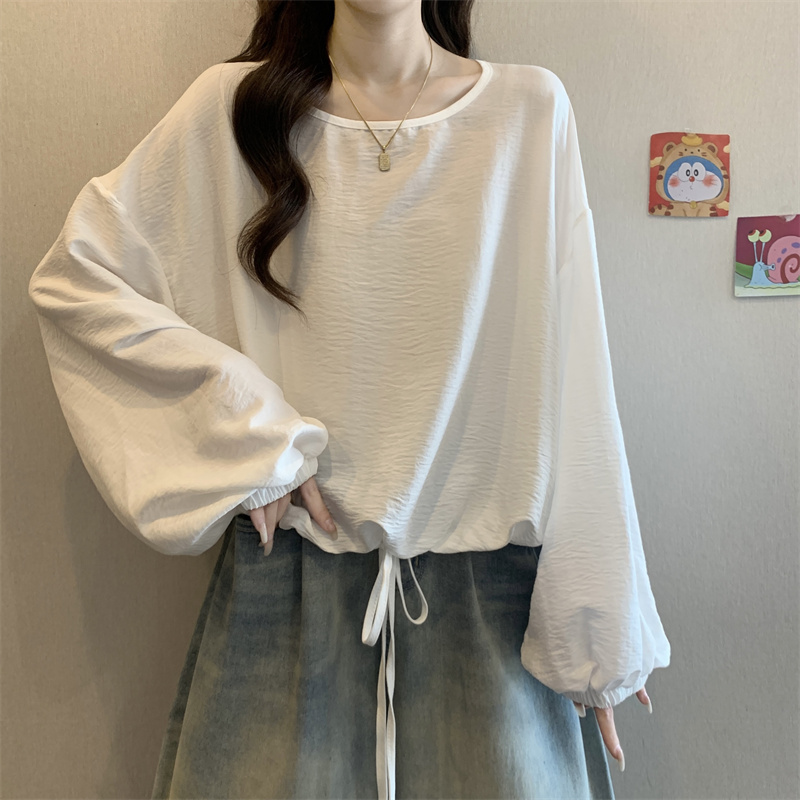 大码设计感气质抽绳长袖防晒上衣女胖mm宽松遮肚子百搭显瘦打底衫
