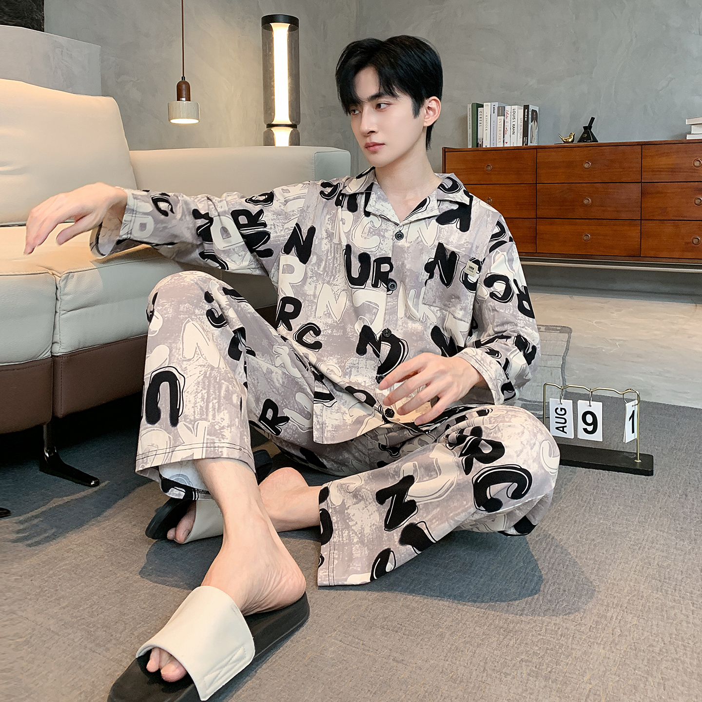 新款纯棉秋冬季睡衣男士翻领时尚秋季休闲舒适宽松春秋季男家居服