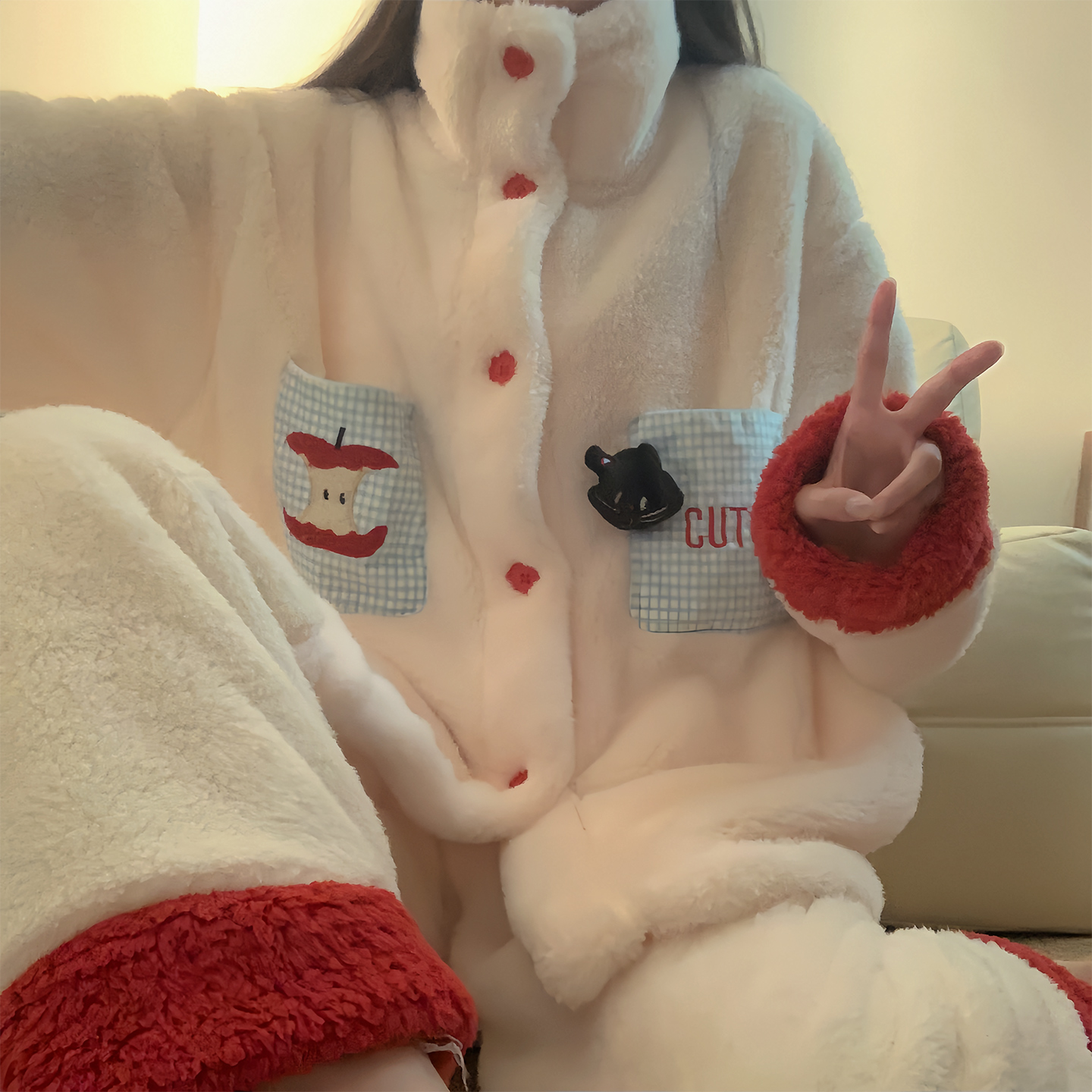 甜美可爱睡衣女冬季长毛绒新款加厚保暖高领拉链小个子家居服套装