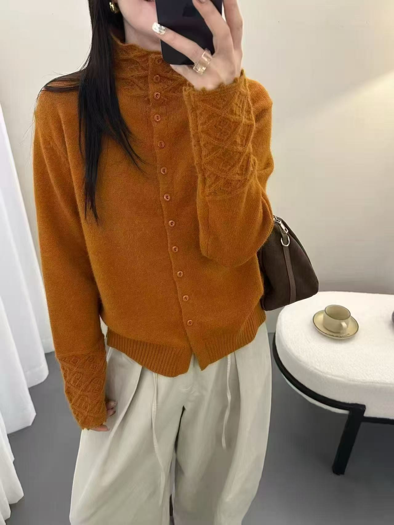 镂空花边高领针织开衫女秋冬软糯舒适显瘦宽松百搭毛针织衫上衣