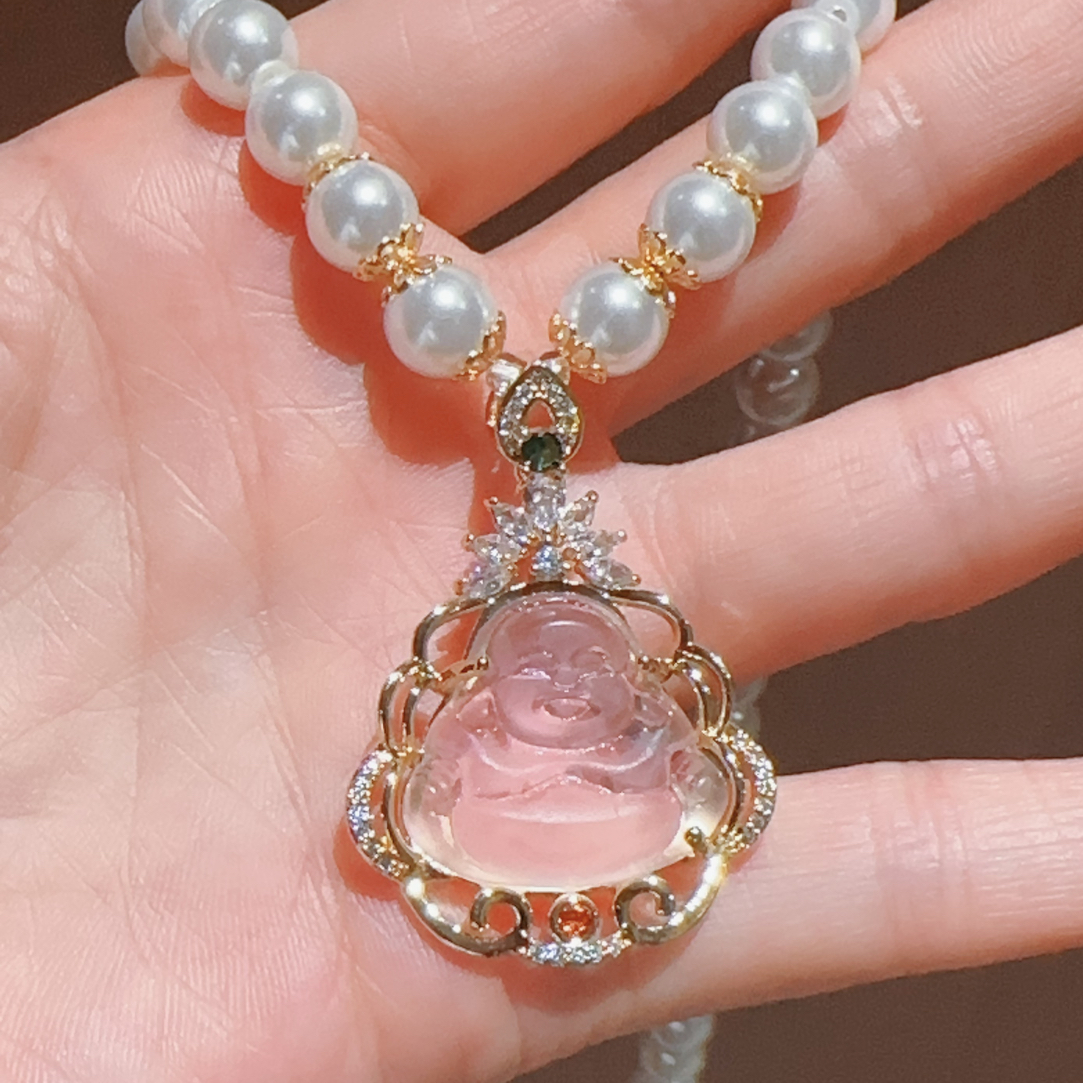 铜合金仿珍珠项链 轻奢微镶莲花大肚佛公项链女新款锁骨链