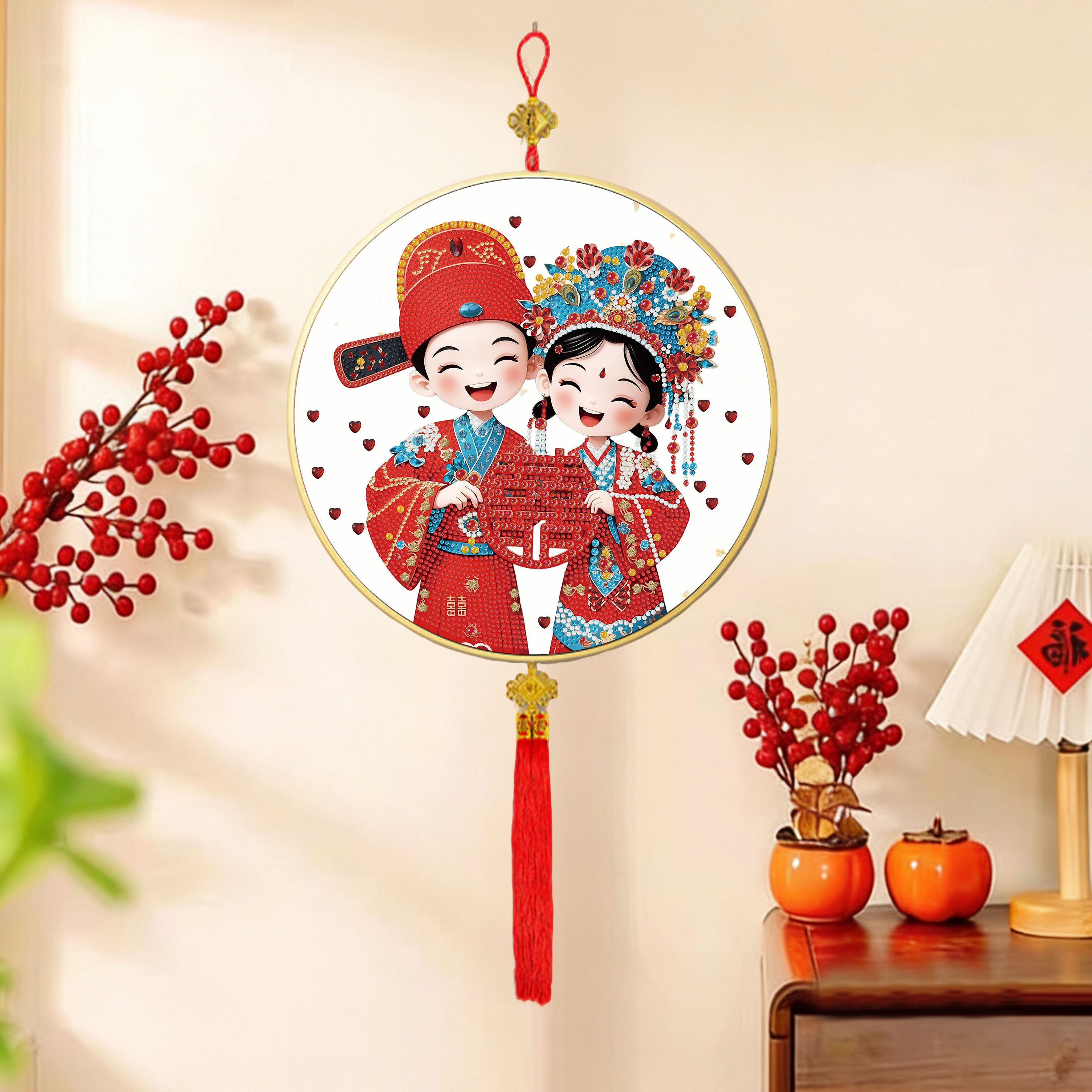 中国风结婚喜庆DIY钻石贴画圆形相框流苏结婚礼品摆件