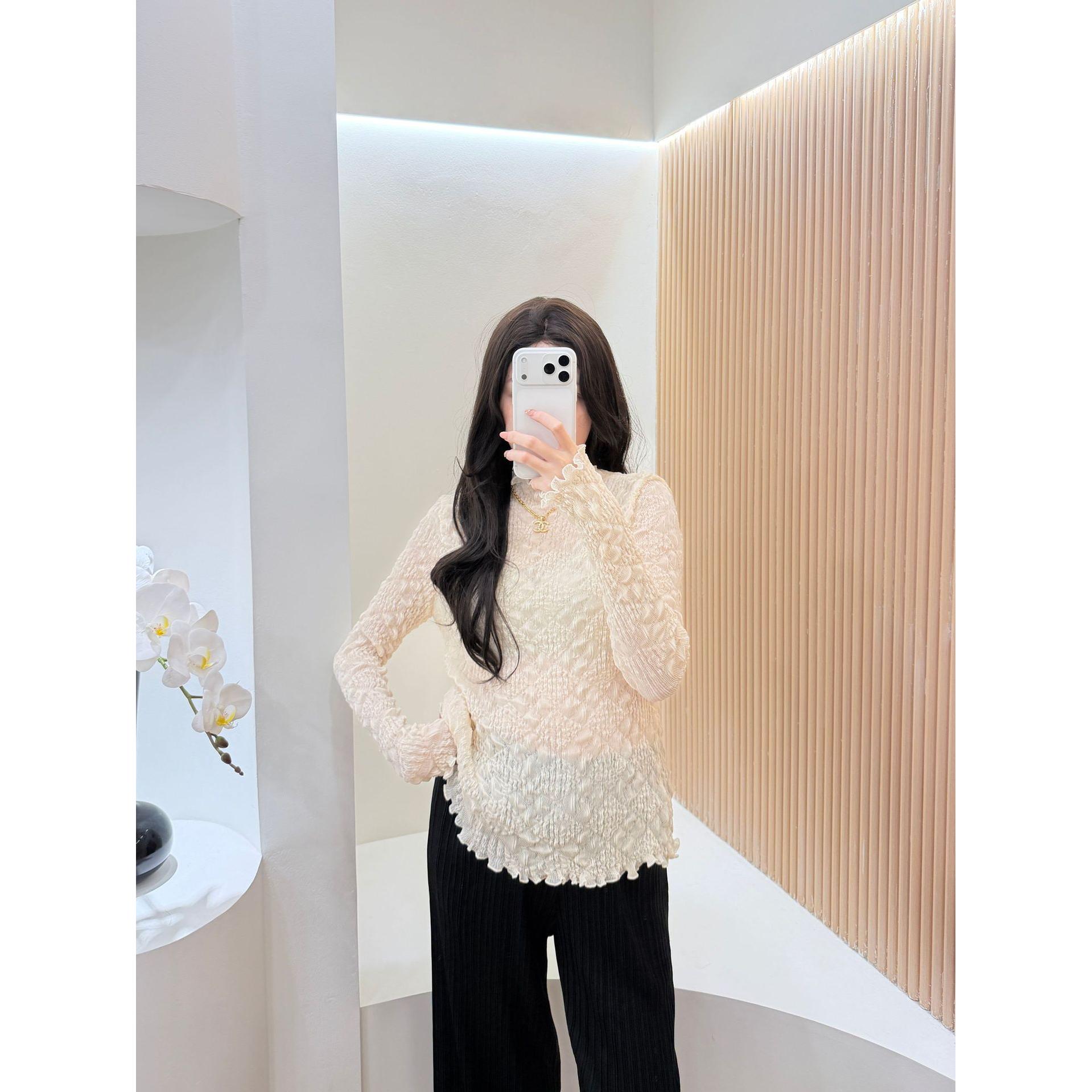 三宅依高定立体褶小花苞气质上衣修身显瘦高弹力柔软舒适T恤