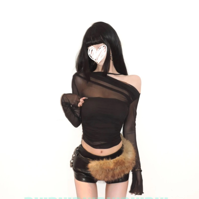 性感辣妹斜领露肩网纱微透长袖T恤女装早秋防晒罩衫修身内搭上衣