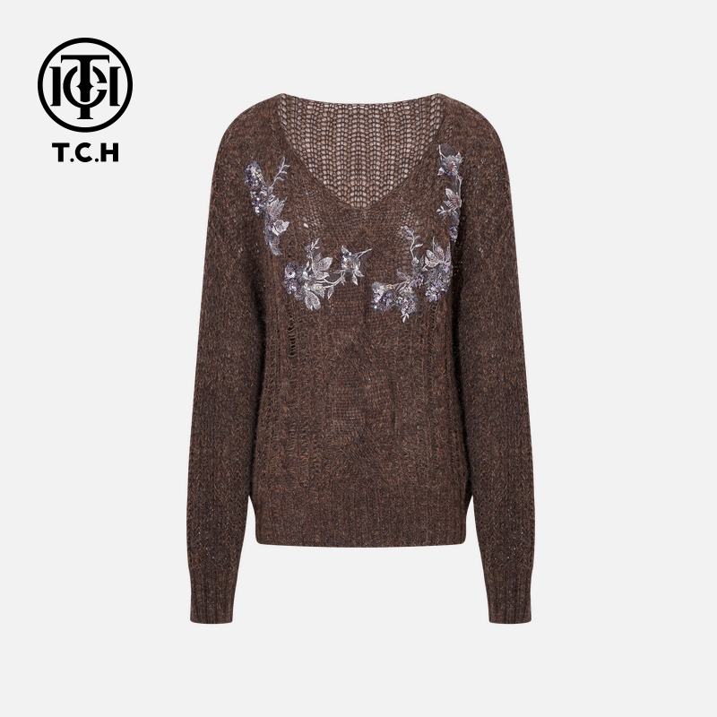 TCH【含绵羊毛】秋冬时尚烫钻宽松咖色V领针织衫女T75C09E1166