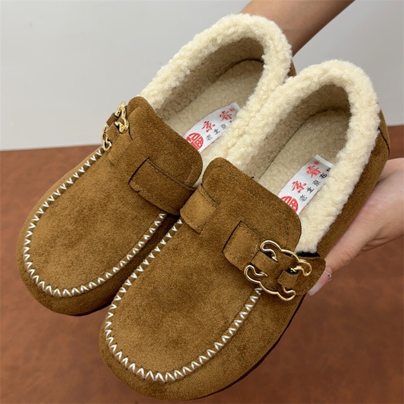 冬季新款老北京棉鞋女舒适软底加绒加厚懒人一脚蹬乐福鞋时尚棉鞋
