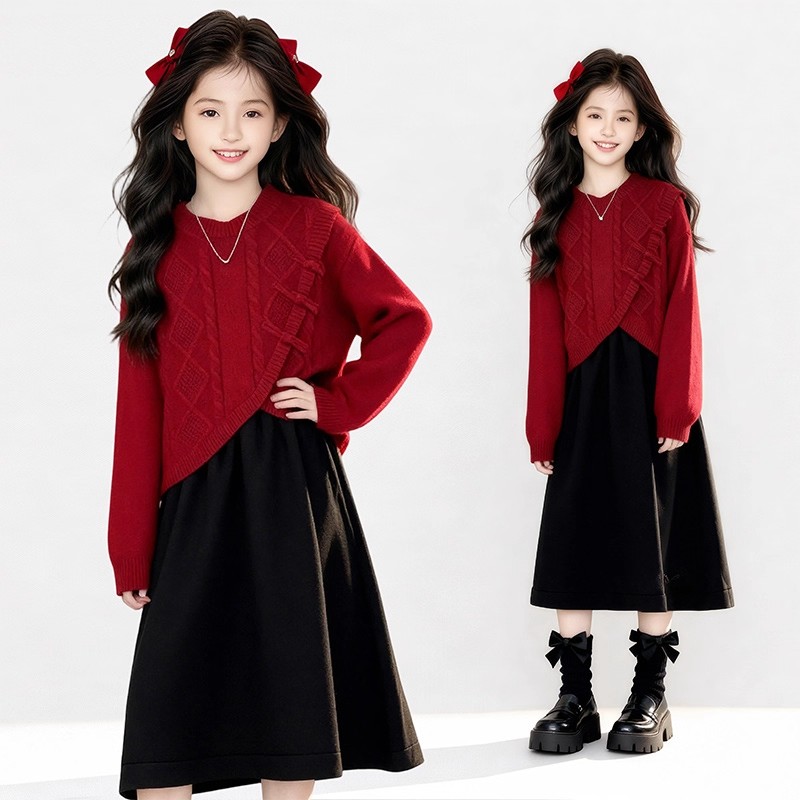 女童冬季连衣裙套装2025新款女大童中国红毛衣背心裙两件套拜年服