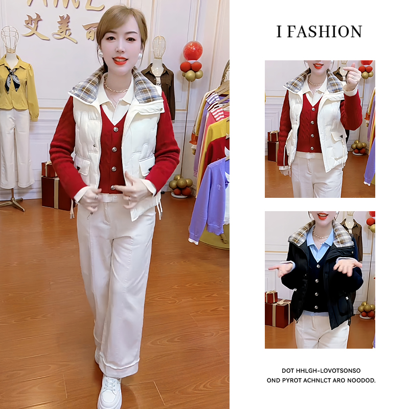 格子领拼接坎肩马夹女2025冬季新款加厚保暖立领修身显瘦马甲外搭