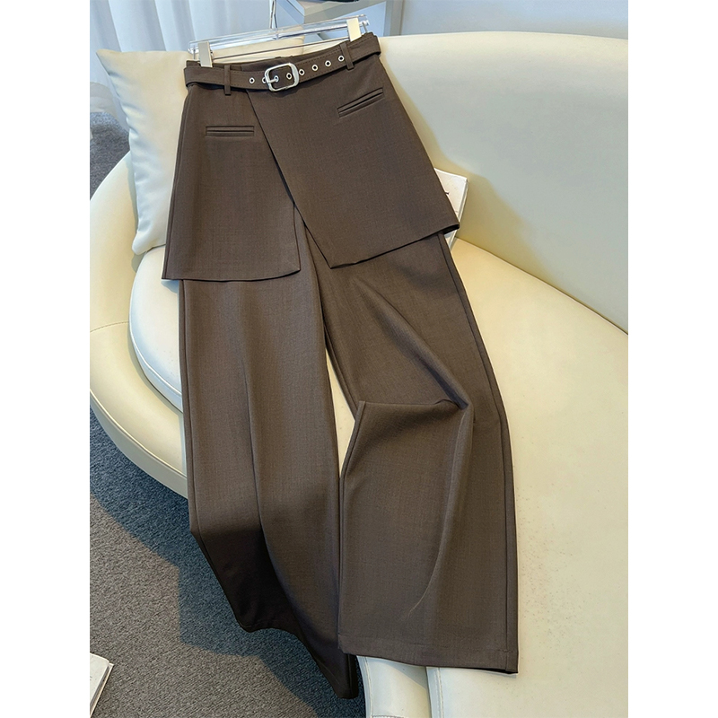 咖色西装裤屁帘阔腿裤女2025新款巨好看的早秋穿搭假两件垂感西裤