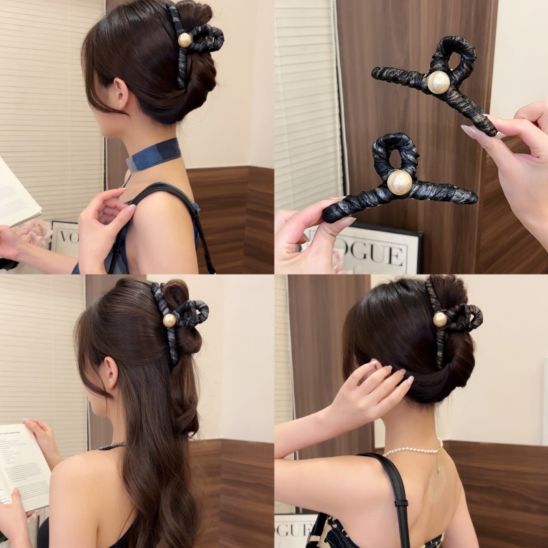 简约珠珠缠布发夹高级感百搭发卡后脑勺马尾夹发饰鲨鱼夹头饰女