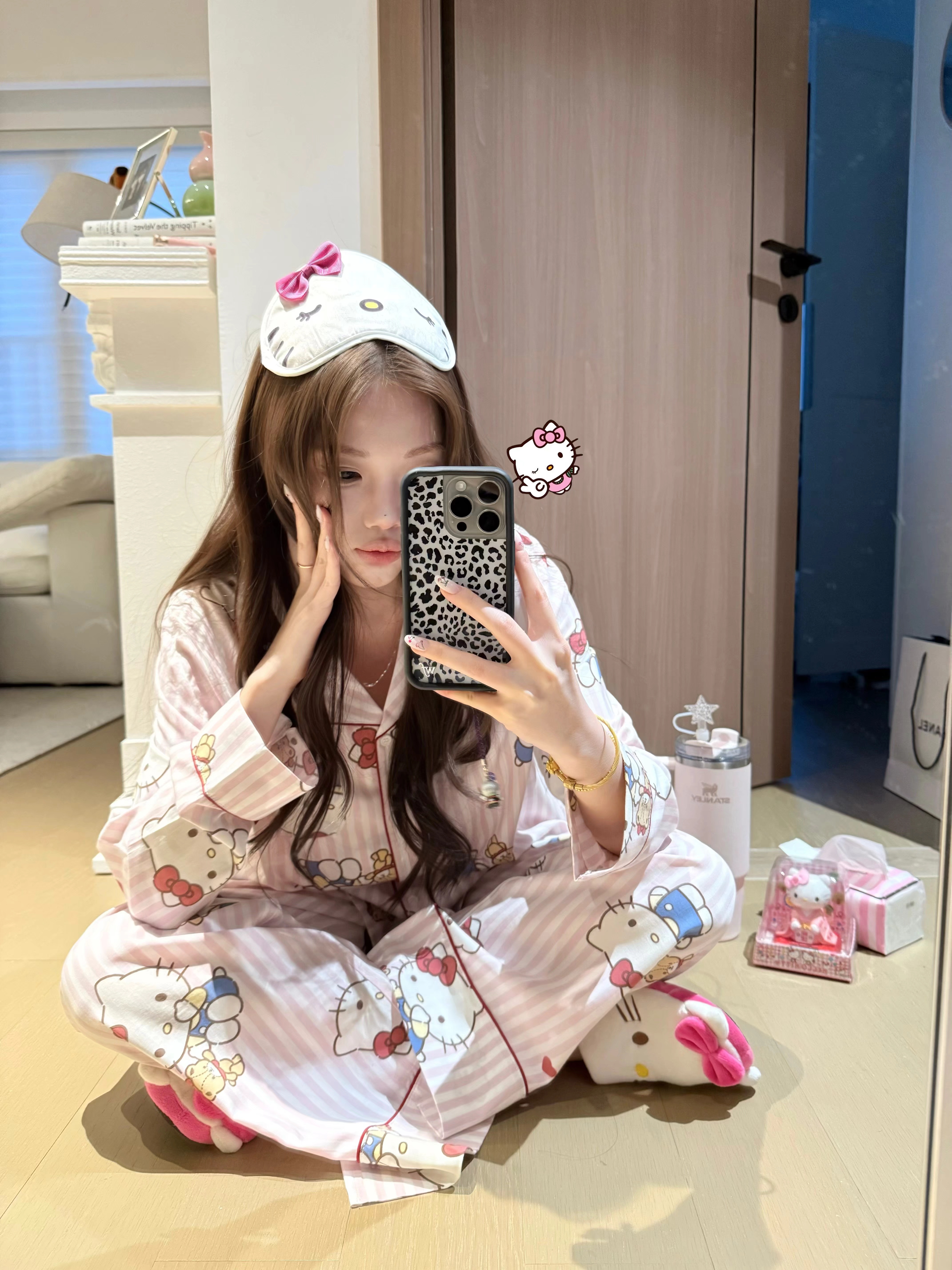 少女甜美可爱卡通凯蒂猫蝴蝶结睡衣女春秋ins风长袖长裤家居服