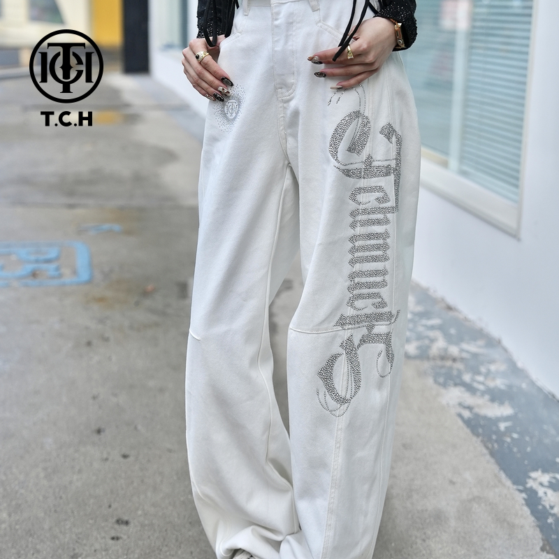 TCH轻奢烫钻高级感百搭阔腿裤子弯刀牛仔裤女T75C20E5088私服tch