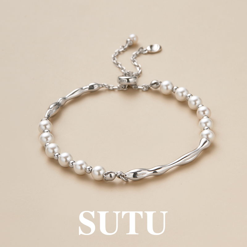 925银仿珍珠手链 珠珠不规则拼接手饰送女友极简小众设计520礼物