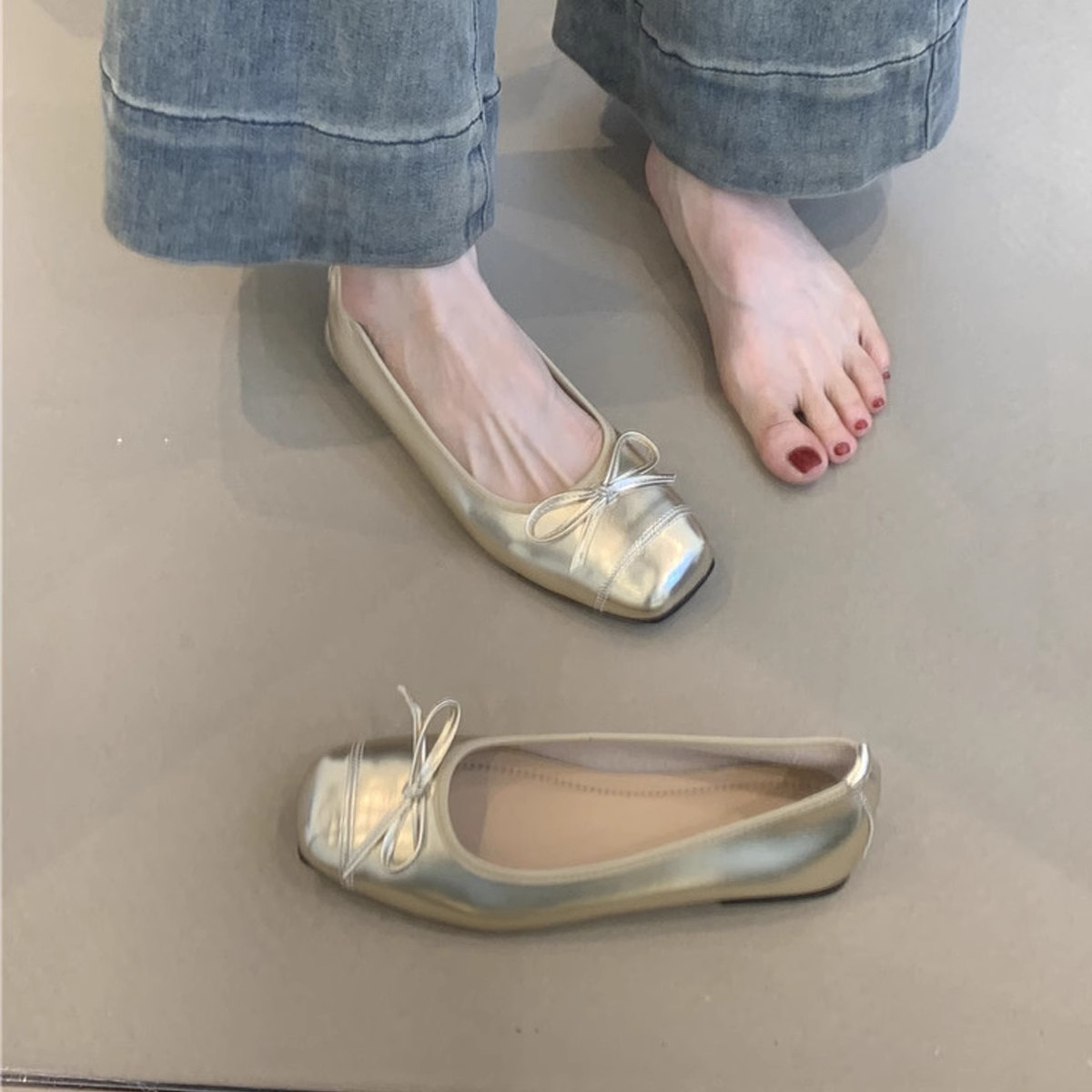 银色玛丽珍鞋法式小香风蝴蝶结浅口芭蕾单鞋女方头温柔平底奶奶鞋