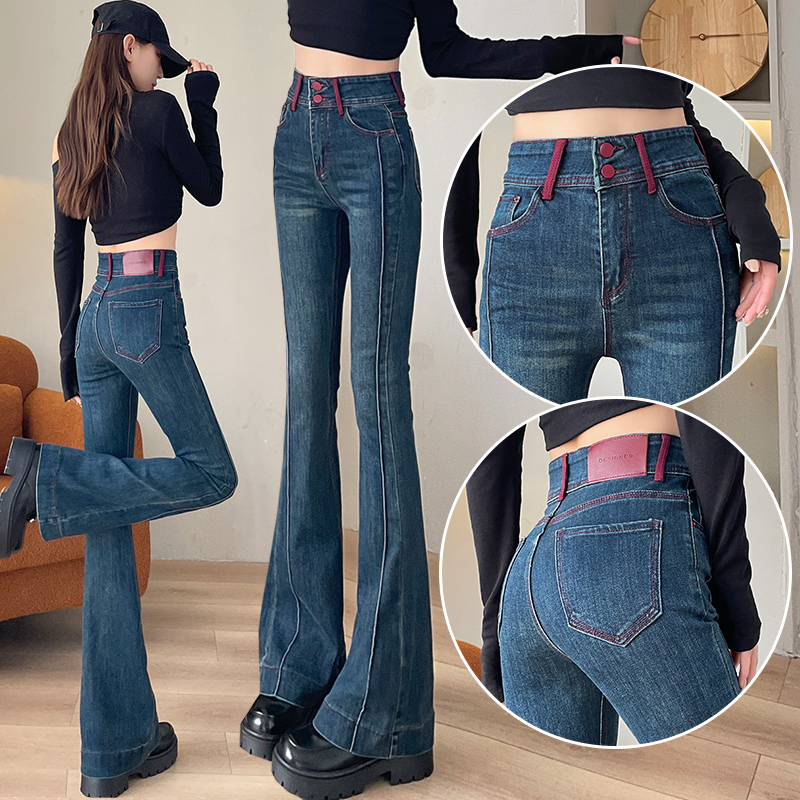 蜜蜜穿搭复古微喇牛仔裤女2025年冬季加绒弹力撞色小个子喇叭裤子