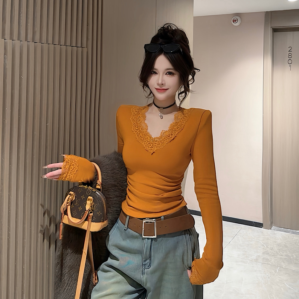 【钻石店铺优选】秋冬新款时尚设计感V领蕾丝边加绒显瘦上衣女