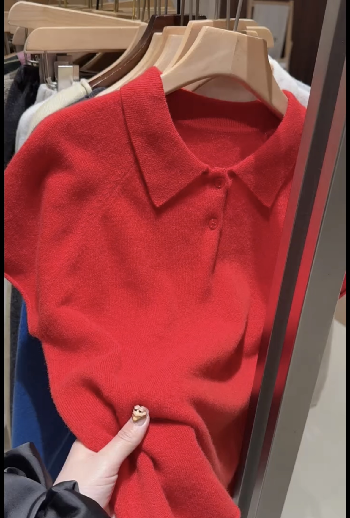 春秋新款韩系红色设计感POLO领T恤针织衫女洋气宽松通勤百搭上衣