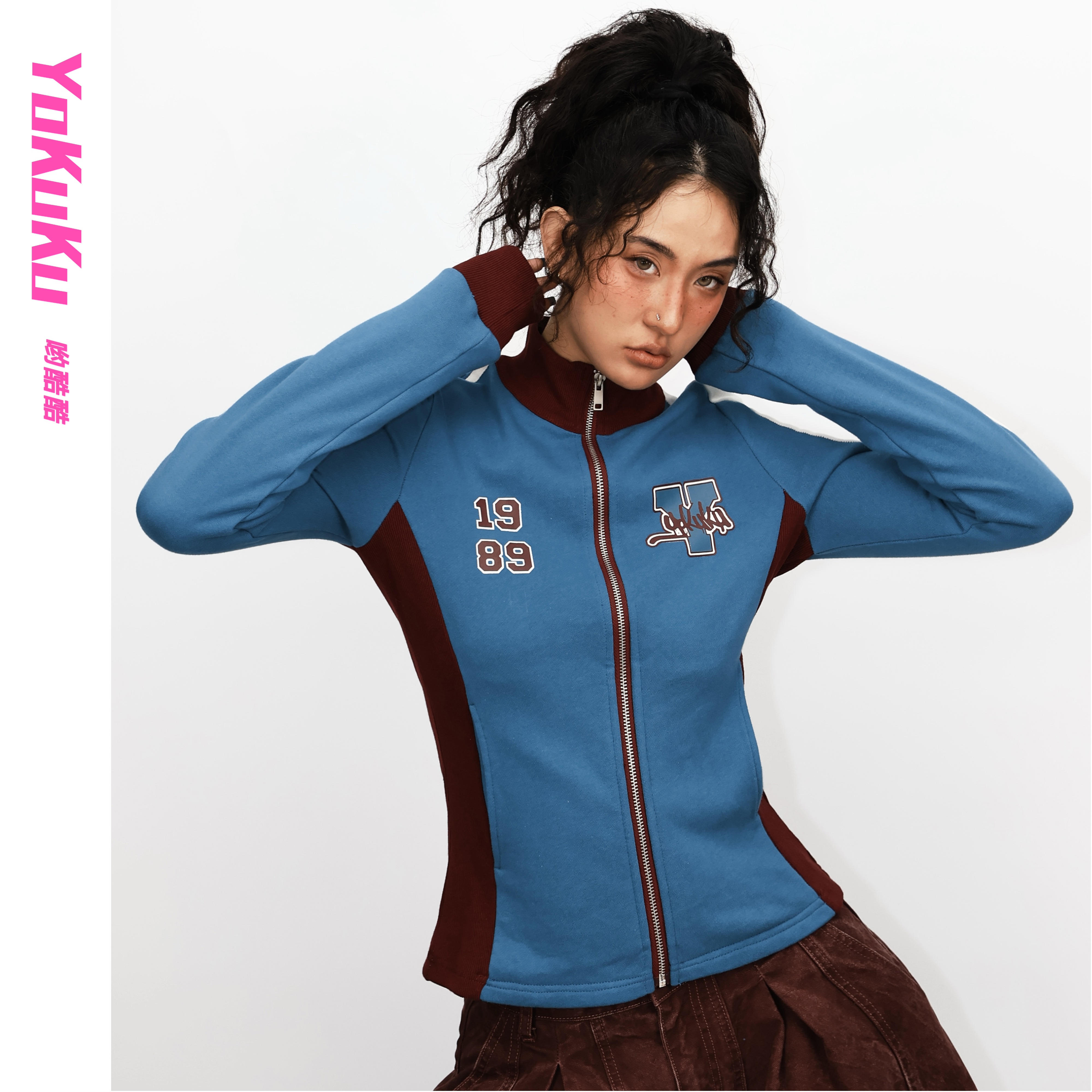 哟酷酷（逃课日记）秋冬撞色立领字母印花学院风开衫显瘦卫衣外套