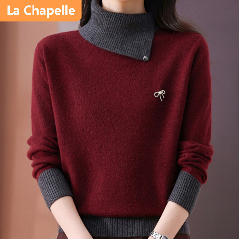 拉夏贝尔半高领拼色毛衣加厚设计感内搭针织打底衫毛衣时尚百搭女