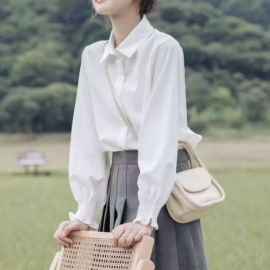 雪纺衬衫春秋季慵懒风甜美女装纯色设计感韩版白色长袖气质衬衣