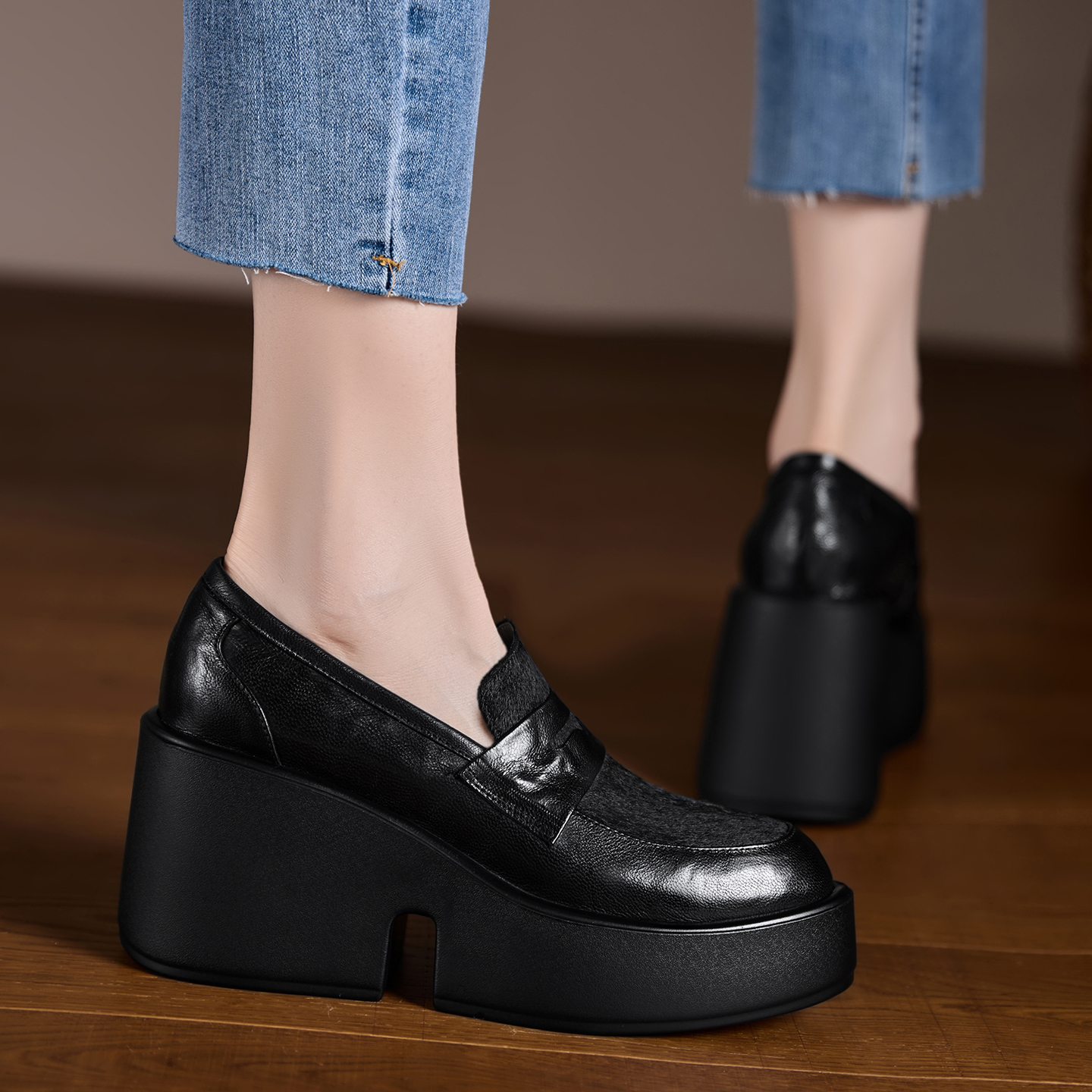 小个子手工女鞋8cm~秋季防水台坡跟高跟鞋防水台厚底时尚百搭单鞋