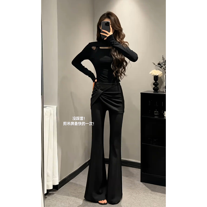 INS CEC半高领网纱拼接长袖打底T恤女早秋新款百搭休闲裤套装