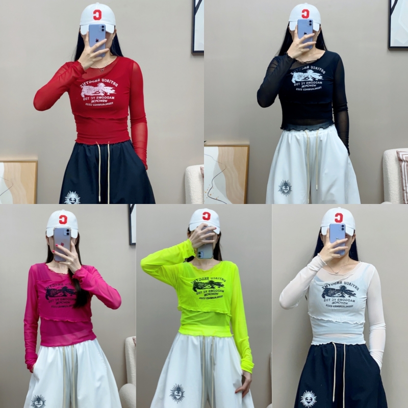 2025春夏新款网纱长袖气质微透短袖广场舞曳步舞上衣时尚百搭透气