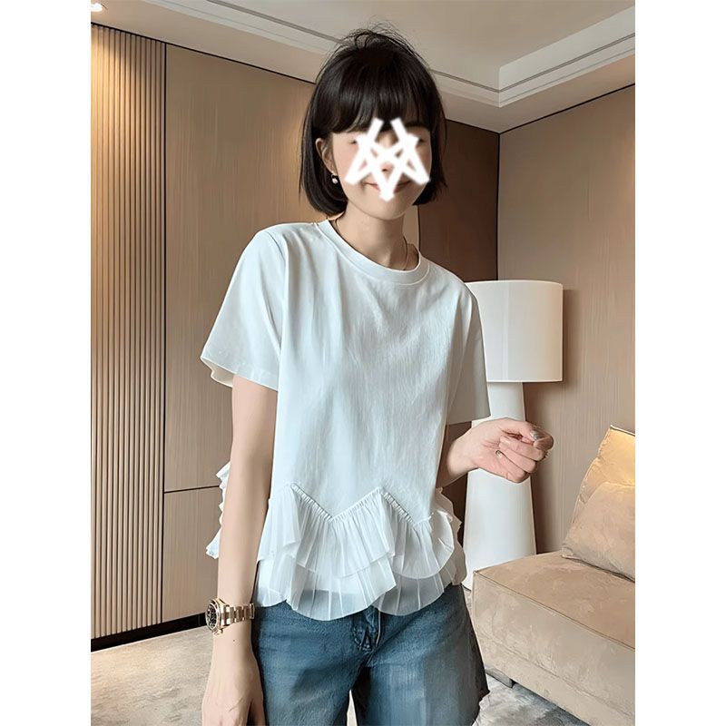 大码胖mm200斤别致日系蕾丝边设计正肩短袖t恤女夏季减龄遮肉上衣