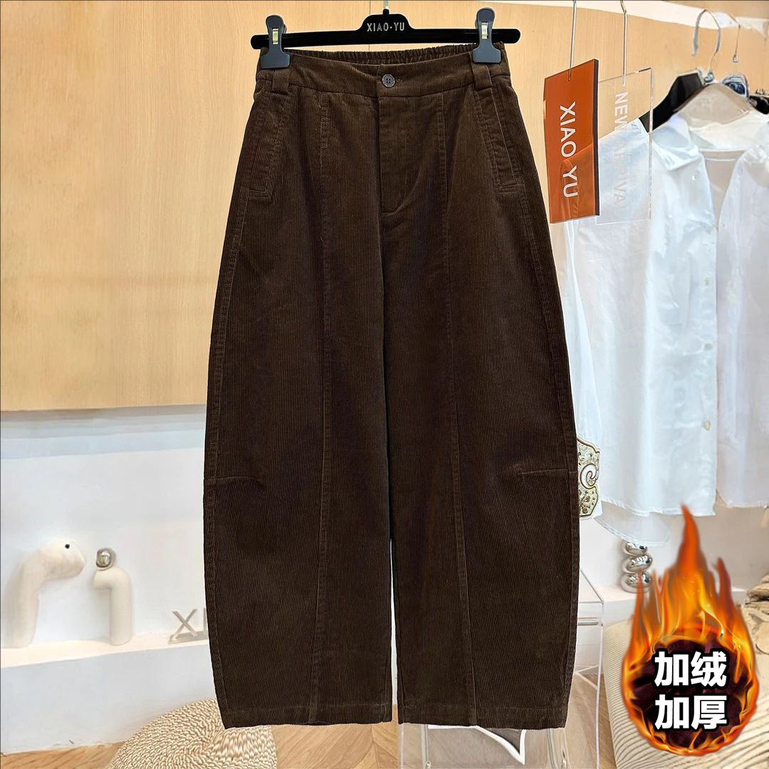 高端欧货秋冬新款复古时尚百搭松紧高腰显瘦灯芯绒直筒裤女弯刀裤