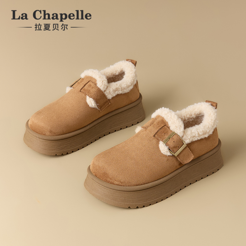 拉夏贝尔秋冬厚底勃肯鞋女2025新款加绒松糕增高复古毛毛棉鞋保暖