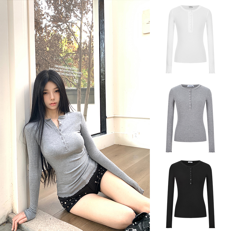 MosesQueen/魔西女王辣妹灰色半开领v领长袖t恤修身显瘦内搭上衣