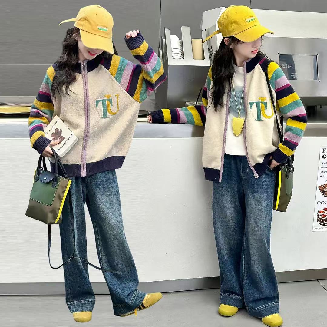 女童针织毛衣开衫外套牛仔裤套装2025新款中大儿童时髦洋气两件套