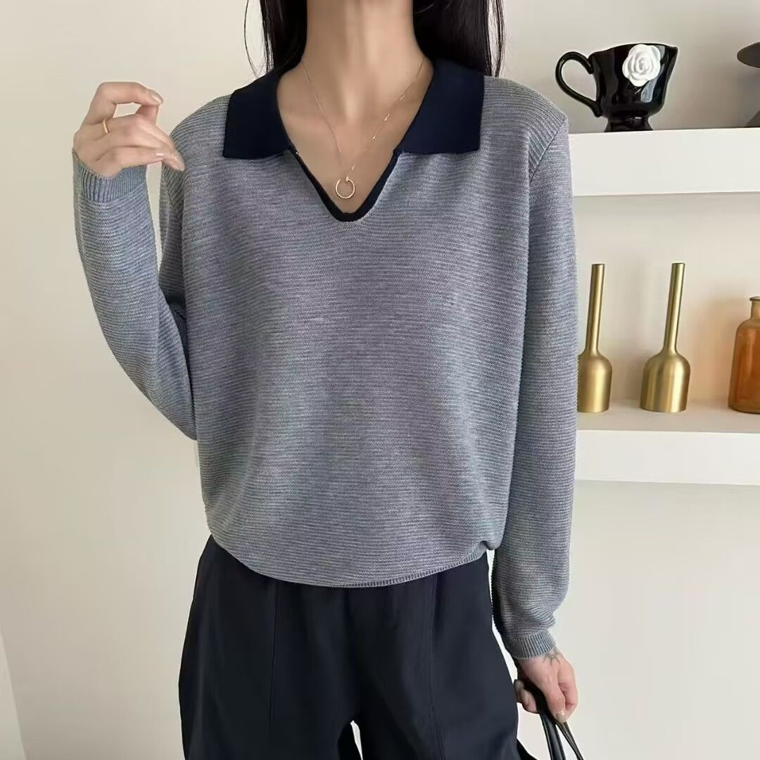 6089精纺细羊毛秋装薄款V型翻领毛衣女别致设计感针织衫