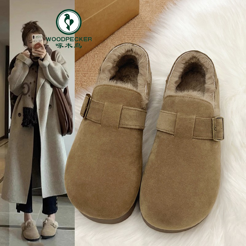 啄木鸟加绒全包勃肯鞋女款2025冬季新款一脚蹬面包鞋棉鞋加厚保暖