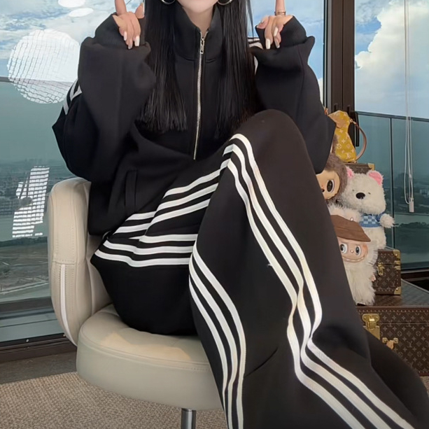 婉君Q三条杠外套秋季休闲风宽松拉链立领卫衣外套裤子套装