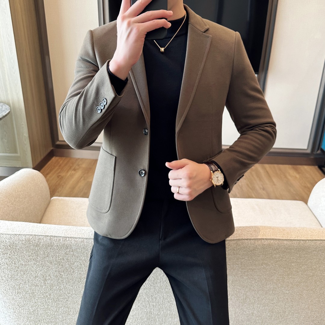 秋冬季韩版男士加厚毛呢款修身外套男两粒扣西装潮流休闲加厚西服
