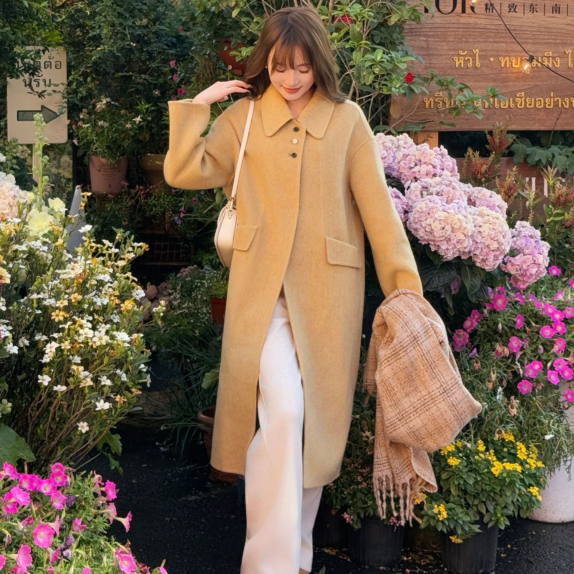 韩系经典简约加厚秋冬时尚保暖气质韩版白搭中长款羊毛大衣 25920