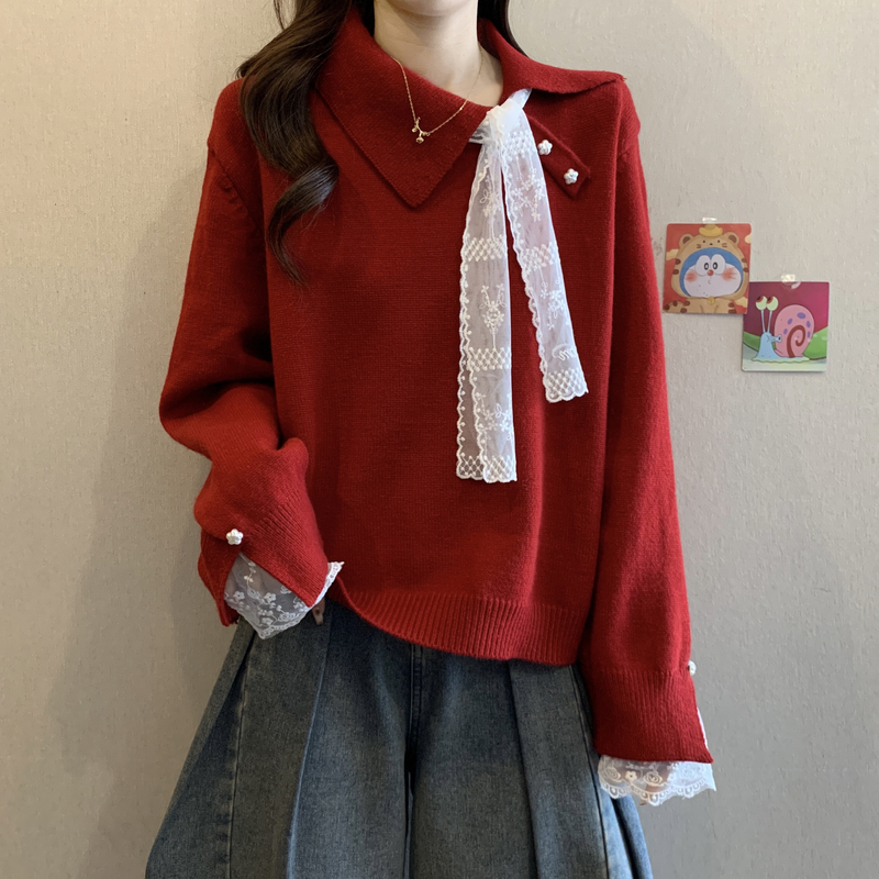新款长袖宽松微胖大码女装红色慵懒针织毛衣女秋冬设计感显瘦上衣