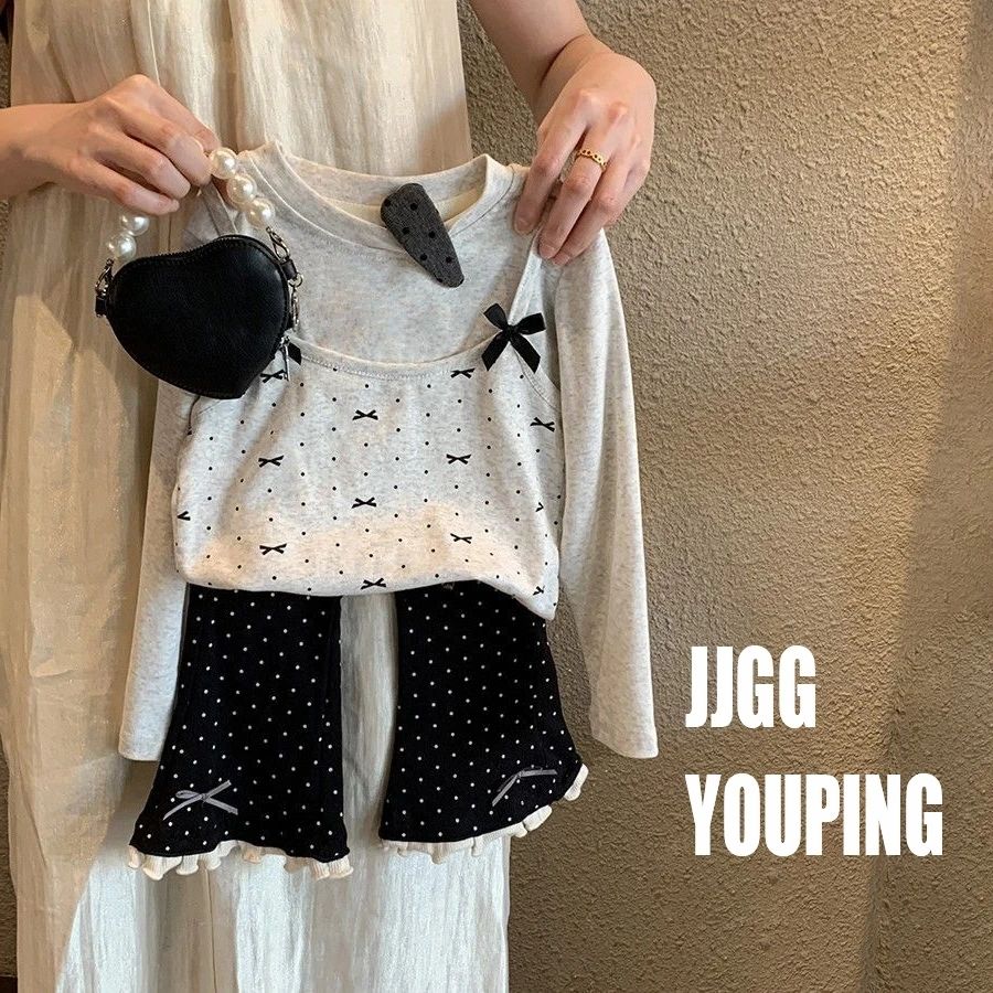 女童春秋套装儿童波点蝴蝶结喇叭裤宝宝假两件长袖上衣洋气时髦款