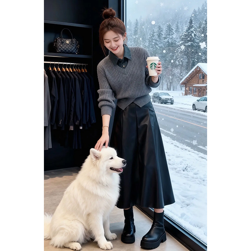 气质一整套ootd穿搭巨好看复古灰色假两件上衣半裙两件套装2025冬