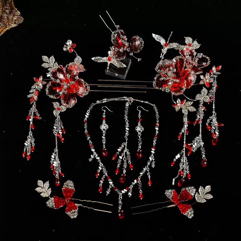 G351新款新娘中式秀禾头饰红银色步摇发簪秀禾服龙凤褂配饰高级感